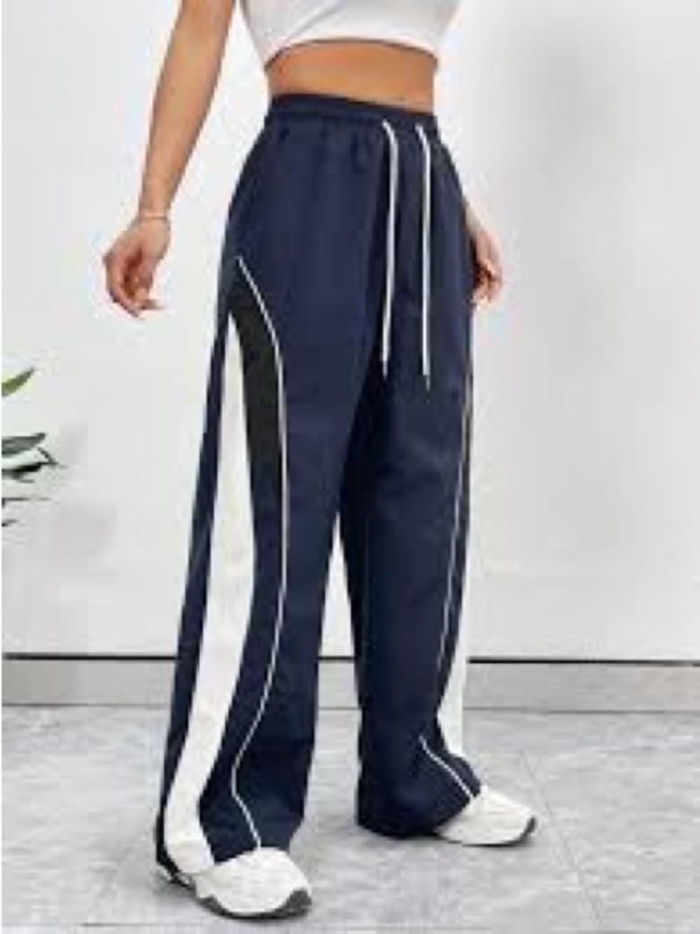 SHEIN Navy Blue Track Pants with White & Black Side Panels